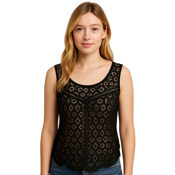 Lush Tops - Black Lace Sleeveless Blouse Sheer Crochet Cutout Boho Goth Festival Clubwear M